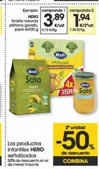 Eroski Hero bolsita naranja plátano galleta pack 4x100 g oferta