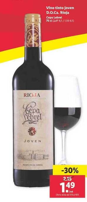 Lidl Vino Tinto Joven D.o.ca. Rioja Cepa Lebrel oferta