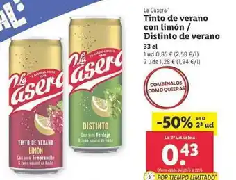 Lidl La Casera Tinto De Verano Con Limón - Distinto De Verano oferta