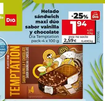 Dia Helado sándwich maxi dúo sabor vainilla y chocolate Dia Temptation pack 4 x 100 g oferta