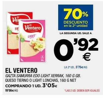 BM Supermercados 70% Descuento En La 2a Unidad El Ventero Queso Tierno O Light Lonchas oferta