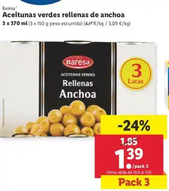 Lidl Aceitunas verdes rellenas de anchoa 3 x 370ml oferta