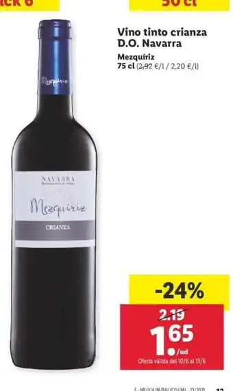 Lidl Vino tinto crianza D.O.P Navarra 75cl oferta