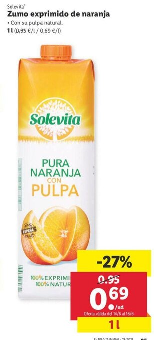 Lidl Zumo exprimido de naranja 1L oferta