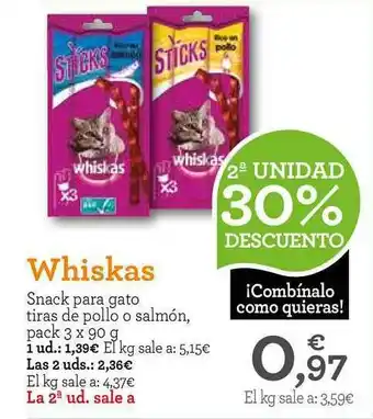 TiendAnimal Whiskas Snack Para Gato Tiras De Pollo O Salmón 3 x 90g oferta