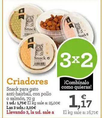 TiendAnimal Criadores Snack Para Gato Anti-hairball 70g oferta