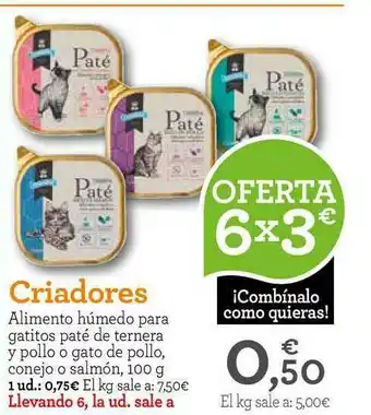 TiendAnimal Criadores Alimento húmedo para gatitos paté de ternerra y pollo o gato de pollo, conejo o salmón, 100g, oferta