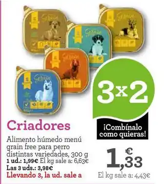 TiendAnimal Criadores Alimento húmedo menú grain free para perro distintas variedades, 300g oferta