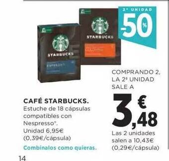 Hipercor 2a Unidad -50% Café Starbucks oferta