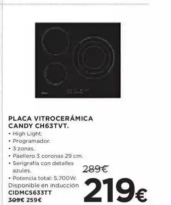 Hipercor Placa Vitrocerámica Candy Ch63tvt oferta