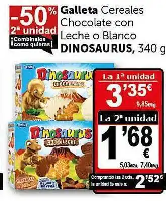 Masymas -50% 2a Unidad Galleta Cereales Chocolate Con Leche O Blanco Dinosaurus oferta