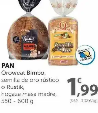 SPAR Pan Oroweat Bimbo, semilla de oro rústico o Rustik, hogaza masa madre, 550 - 600g oferta