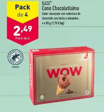 ALDI Flete Cono Chocolatísimo Sabor chocolate con cubertura de chocolate con leche y almendra 4x80g oferta