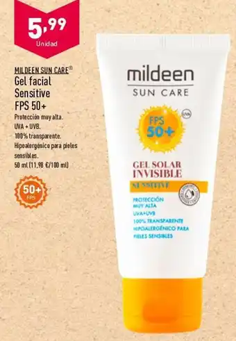 ALDI Mildeen Sun Care Gel facial Sensitive FPS 50+ 50 ml oferta