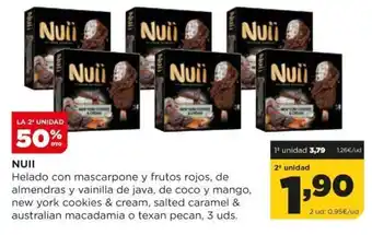 Alimerka Nuii Helado con mascarpone y frutos rojos, de almendras y vainilla de java, de coco y mango 3 uds. oferta