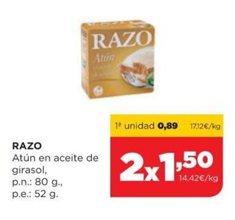 Alimerka Razo Atún en aceite de girasol p.n.:80 g.,p.e.:52 g oferta