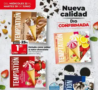 Maxi Dia Helado cono sabor a nata-chocolate Dia Temptation pack-6 x 68 g oferta