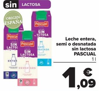 Carrefour Leche entera, semi o desnatada sin lactosa pascual oferta