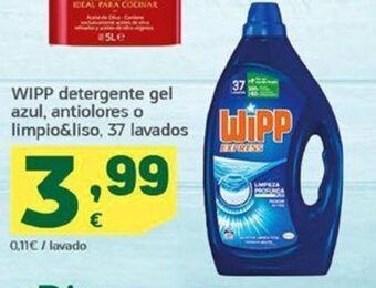HiperDino Wipp detergente gel azul, antiolores o limpio&liso 37 lavados oferta