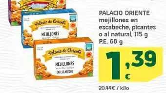 HiperDino Palacio oriente mejillones en escabeche, picantes o al natural, 115 g oferta