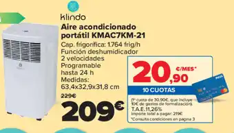 Carrefour klindo Aire acondicionado portátil KMAC7KM-21 63,4x32,9x31,8 cm oferta