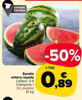 Carrefour Market Sandía entera rayada calibre: 3-4 categoría: i sin pepitas el kg oferta