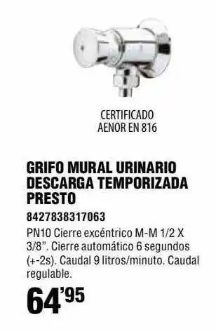 Optimus Grifo Mural Urinario Descarga Temporizada Presto oferta