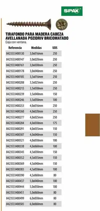 Optimus Tirafondo Para Madera Cebeza Avellanada Pozidriv Bricomatado Spax oferta