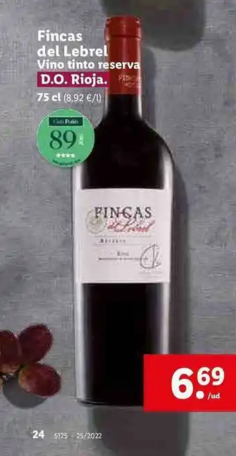 Lidl Fincas Del Lebrel Vino Tinto Reserva oferta