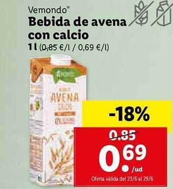 Lidl Vemondo Bebida De Avena Con Calcio oferta