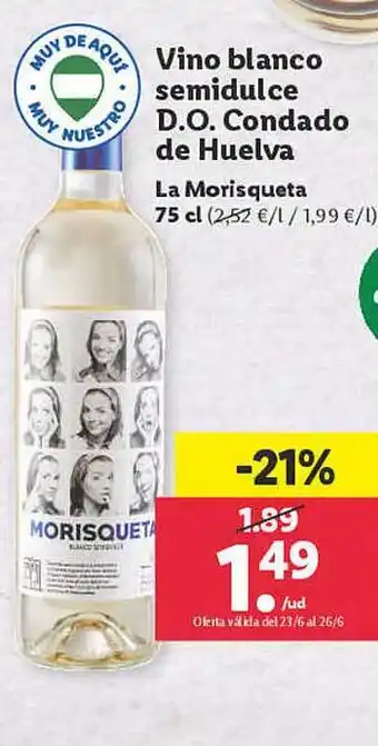 Lidl Vino Blanco Semidulce D.o. Condado De Huelva La Morisqueta oferta