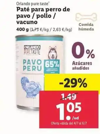 Lidl Orlando Pure Taste Paté Para Perro De Pavo Pollo Vacuno oferta