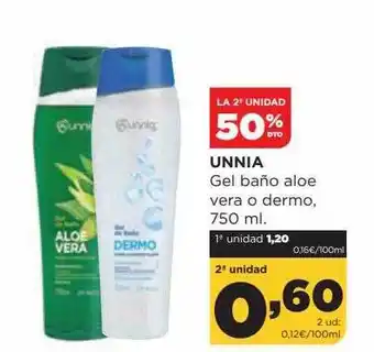Alimerka La 2a Unidad 50% Dto Unnia Gel Baño Aloe Vera O Dermo oferta