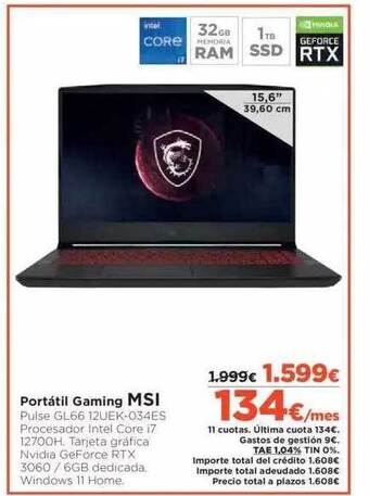 El Corte Inglés Portátil Gaming Msi oferta