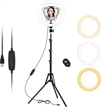 Amazon Aro de luz con trípode, 10" ring light trípode con remoto inalámbrico, 3 modos de color y 10 brillos, anillo de luz para m... oferta