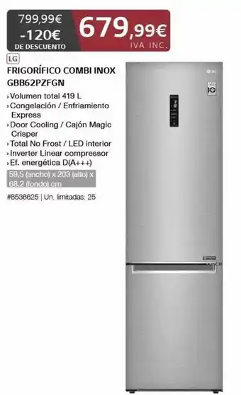Costco Lg Frigorífico Combi Inox Gbb62pzfgn oferta
