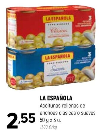Coviran La Española Aceitunas rellenas de anchoas clásicas o suaves 50 g x 3 u oferta