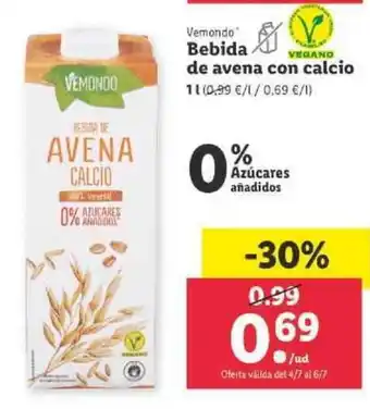 Lidl Vermondo Bebida de avena con calcio 1 L oferta