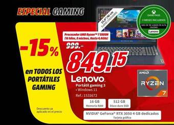 MediaMarkt Lenovo Portátil Gaming 3 oferta