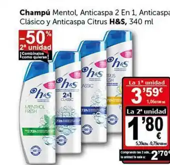 Masymas -50% 2a Unidad Champú Mentol Anticaspa 2 En 1 Anticaspa Clásico Y Anticaspa Citrus H&s oferta
