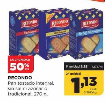 Alimerka La 2a Unidad 50% Dto Recondo Pan Tostado Integral Sin Sal Ni Azúcar O Tradicional oferta