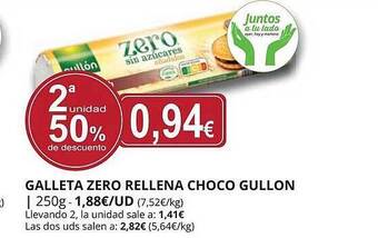 Supermercados MAS 2a Unidad 50% De Descuento Galleta Zero Rellena Choco Gullon oferta
