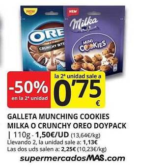 Supermercados MAS -50% En La 2a Unidad Galleta Munching Cookies Milka O Crunchy Oreo Doypack oferta