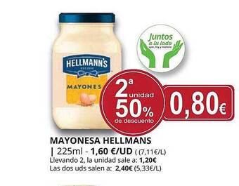 Supermercados MAS 2a Unidad 50% De Descuento Mayonesa Hellmans oferta