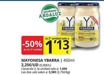 Supermercados MAS -50% En La 2a Unidad Mayonesa Ybarra oferta