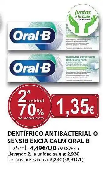 Supermercados MAS 2a Unidad 70% De Descuento Dentífrico Antibacterial O Sensib Encia Calm Oral B oferta