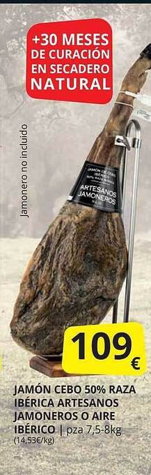 Supermercados MAS Jamón Cebo 50% Raza Ibérica Artesanos Jamoneros O Aire Ibérico oferta