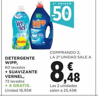 Hipercor 2a Unidad -50% Detergente Wipp + Suavizante Vernel oferta