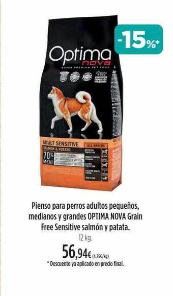 El Corte Inglés Pienso Para Perros Adultos Pequeños Medianos Y Grandes Optima Nova Grain Free Sensitive Salmón Y Patata oferta