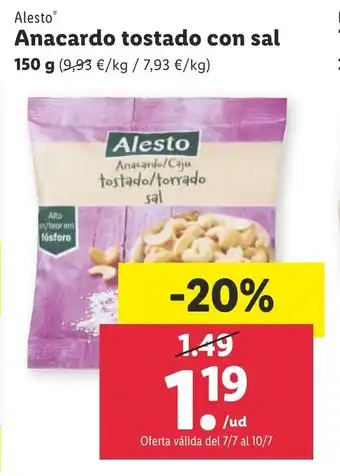 Lidl Alesto® Anacardo Tostado Con Sal 150 g oferta